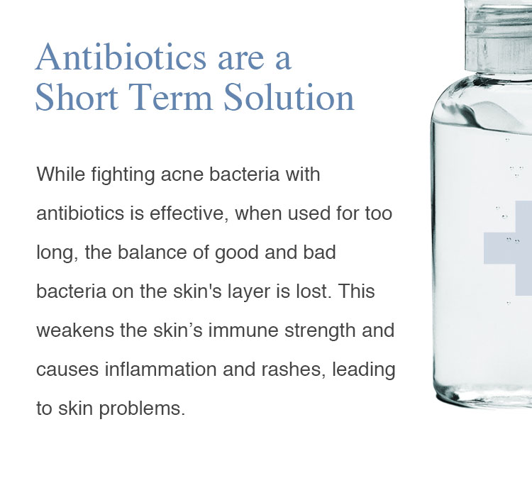 Antibiotics are only a short term solution to acne free skin. Strong acne face wash can cause permanet damage. While fighting acne bacteria with antibiotics is effective, when used for too long, the balance of good and bad bacteria on the skin's layer is lost. This weakens the skin’s immune strength and causes inflammation and rashes, leading to skin problems such as ace, zits, pimples, and breakouts.