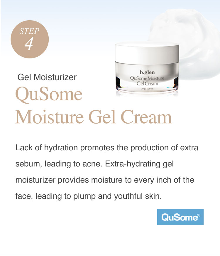 Step 4: Gel Moisturizer. QuSome Moisture Gel Cream. Lack of hydration promotes the production of extra sebum, leading to acne. Extra-hydrating gel moisturizer provides moisture to every inch of the face, leading to plump and youthful skin.
