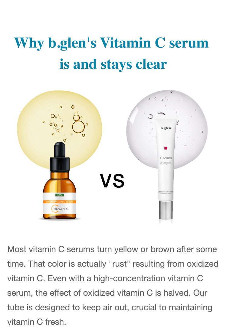 Why b.glen's Vitamin C serum is and stays clear: Most vitamin C serums turn yellow or brown after some time. That color is actually 'rust' resulting from oxidized vitamin C. Even with a high-concentration vitamin C serum, the effect of oxidized vitamin C is halved. Our tube is designed to keep air out, crucial to maintaining vitamin C fresh.