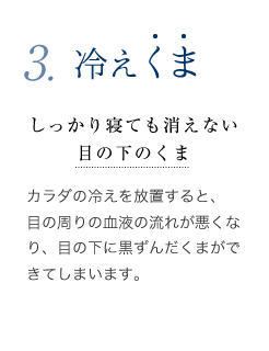 冷えくま - カラダの冷えを放置すると、目の周りの血液の流れが悪くなり、目の下に黒ずんだくまができてしまいます。